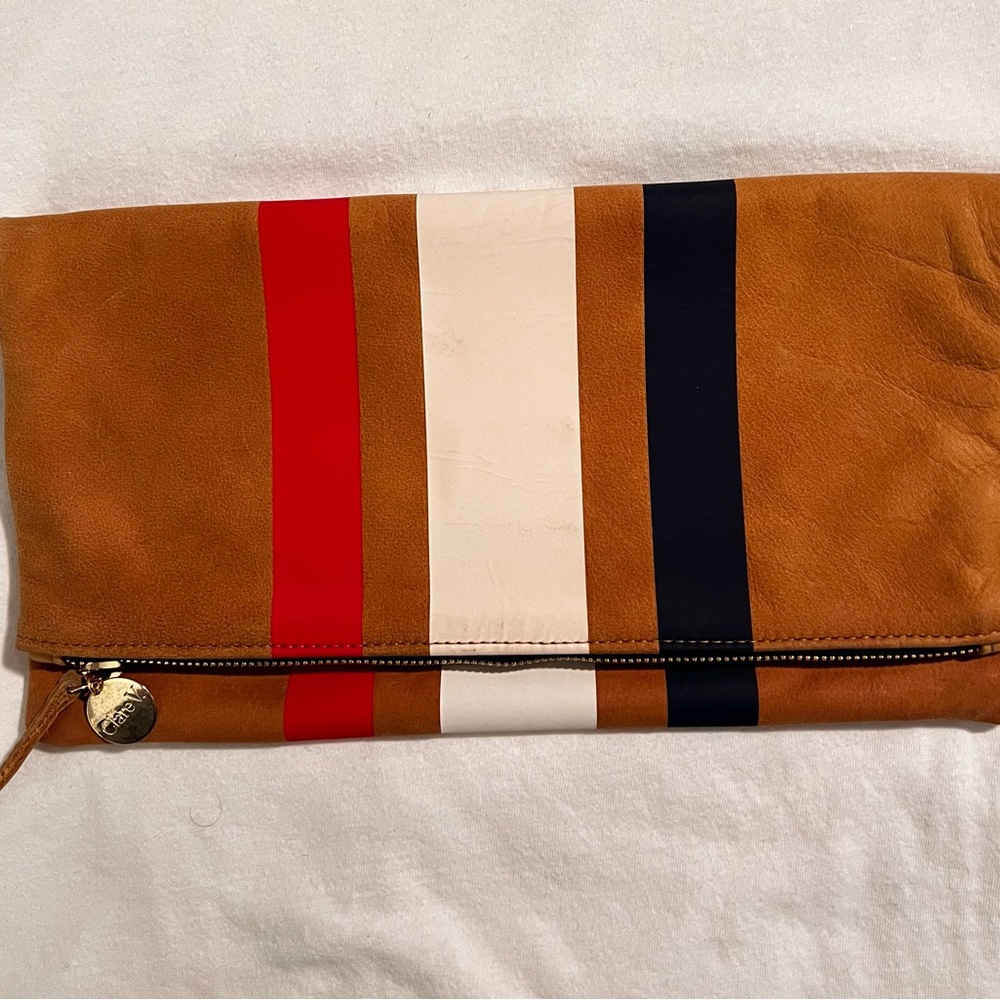 Clare V. Middle striped flat leather clutch bag.